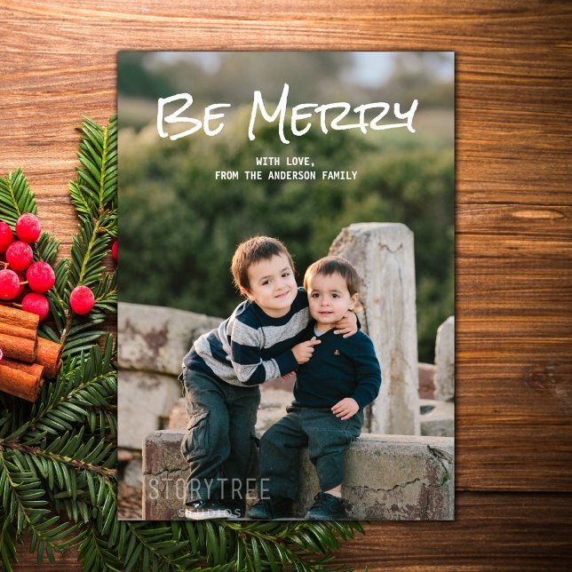 Cartes Pour Fêtes Annuelles Blanc Simple Script Be Merry Photo Flat Card (White Simple Script Be Merry Holiday Photo Flat Card)