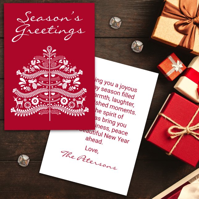 Cartes Pour Fêtes Annuelles Blanc sur arbre de Noël scandinave rouge (Créateur téléchargé)