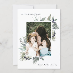 Cartes Pour Fêtes Annuelles Blanc Vert Bougon Noël Feuillage Photo Joyeux