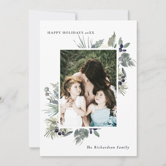 Cartes Pour Fêtes Annuelles Blanc Vert Noël Foncé Feuillage Photo Heureux (Devant)