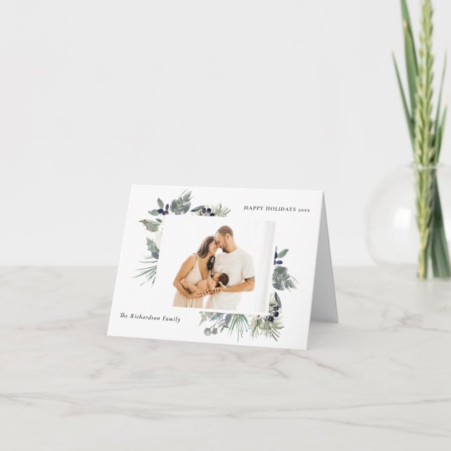 Cartes Pour Fêtes Annuelles Blanc Vert Pâle Noël Feuillage Photo Joyeux (Devant)