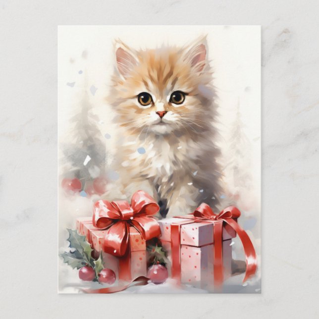 Cartes Pour Fêtes Annuelles Blancs mignons et chaton orange Noël (Devant)