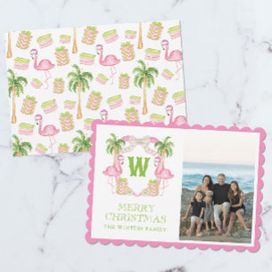 Cartes Pour Fêtes Annuelles Blason de monogramme de Noël au flamant rose aquar