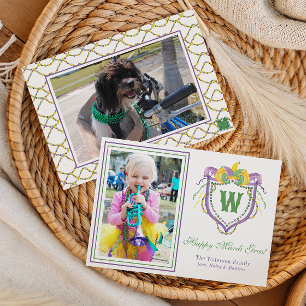 Cartes Pour Fêtes Annuelles Blason de monogramme Mardi Gras aquarelle Photo