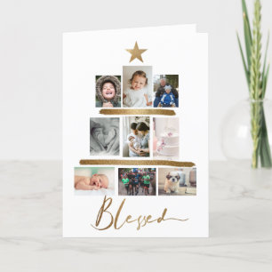 Cartes Pour Fêtes Annuelles Blessé Gold Script Christmas Tree Photo Collage