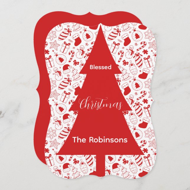 Cartes Pour Fêtes Annuelles Blessed Christmas Red Christmas Tree Doodle Art (Devant / Derrière)