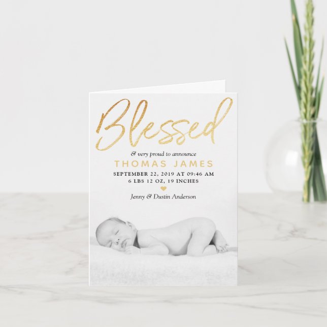 Cartes Pour Fêtes Annuelles "Blessed" Gold Foil Photo Birth Announcement (Devant)