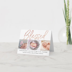 Cartes Pour Fêtes Annuelles "Blessed" Rose Gold Foil Photo Birth Announcement