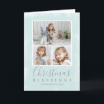 Cartes Pour Fêtes Annuelles Blessures de Noël Pastel Green Photo Collage<br><div class="desc">Envoyez des réjouissances de vacances avec cette carte de Noël pliée simple et moderne avec un collage photo avec trois de vos photos de famille préférées sur un arrière - plan de texture verte menthe avec le salut religieux, "Bénédictions de Noël" avec votre nom de famille et l'année. Ajoutez votre...</div>