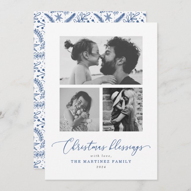 Cartes Pour Fêtes Annuelles Blessures de Noël Script bleu photo multiple (Devant / Derrière)