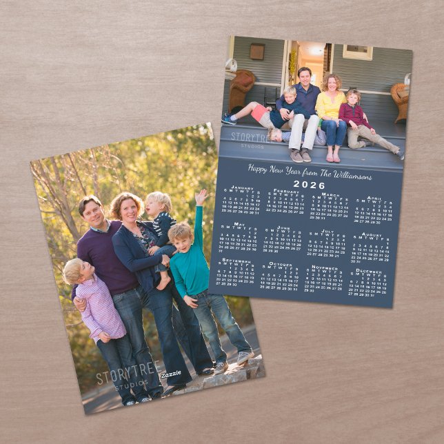 Cartes Pour Fêtes Annuelles Bleu 2026 Calendrier 2 Photos personnalisées Bonne (Blue 2026 Calendar 2 Custom Photos Happy New Year Holiday Card, front/back)