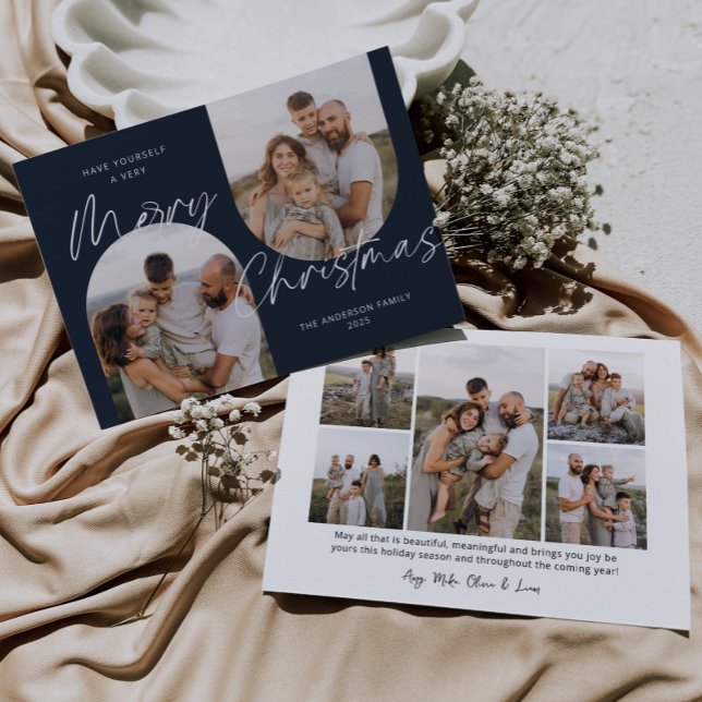 Cartes Pour Fêtes Annuelles Bleu 2 Arc Photos Moderne Élégant Script Noël (Créateur téléchargé)