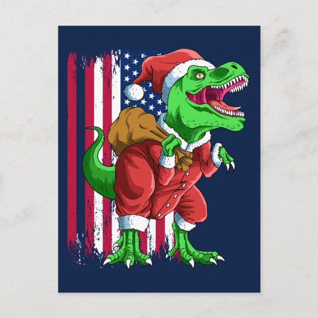 Cartes Pour Fêtes Annuelles Bleu amusant Noël Père Noël TRex Tyrannosaurus Noë (Devant)