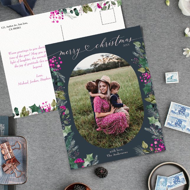 Cartes Pour Fêtes Annuelles Bleu Aquarelle Feuillage 1 Photo Noël (Créateur téléchargé)