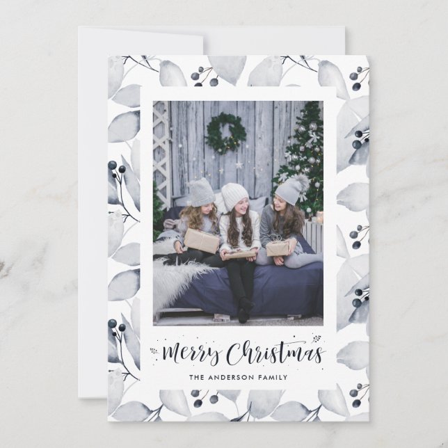 Cartes Pour Fêtes Annuelles Bleu Aquarelle hiver Feuilles de Noël (Devant)