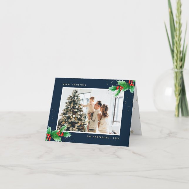 Cartes Pour Fêtes Annuelles Bleu aquarelle Holly Berries Photo Noël (Devant)