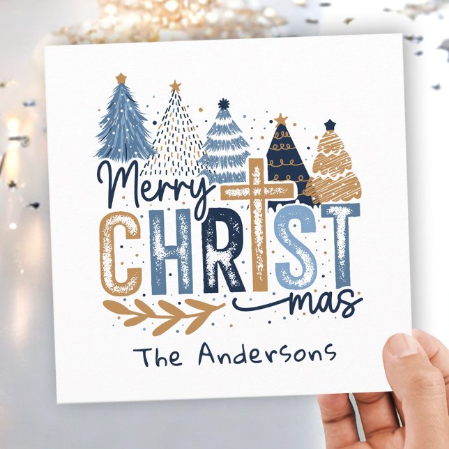 Cartes Pour Fêtes Annuelles Bleu Arbres modernes Christ Joyeux Noël Nom (Blue Modern Trees Christ Merry Christmas Name Holiday Card)
