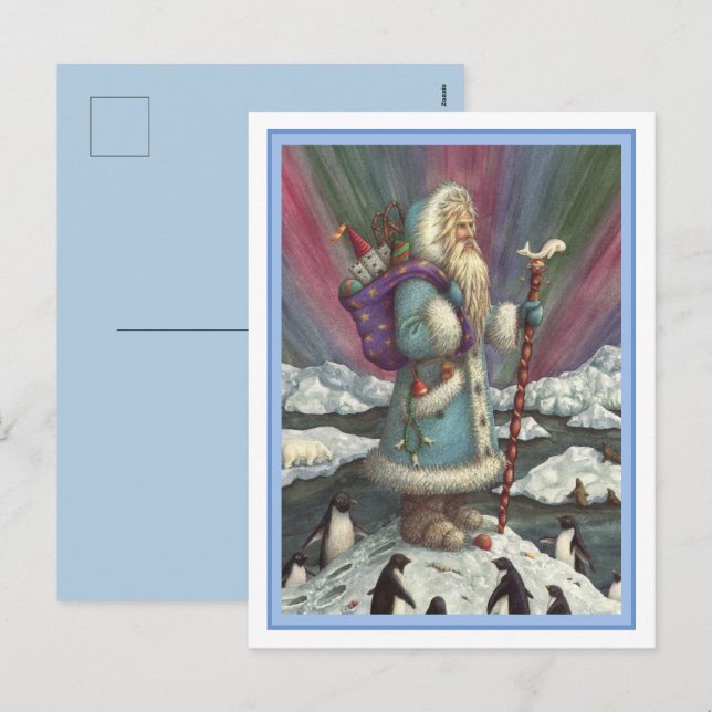 CARTES POUR FÊTES ANNUELLES BLEU BELSNICKLE, LUMIÈRES DU NORD & PENGUINS (Devant / Derrière)