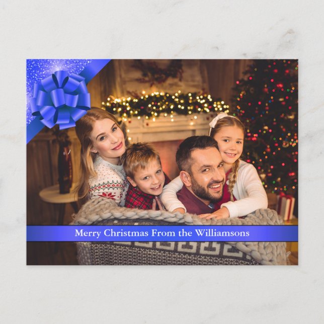 Cartes Pour Fêtes Annuelles Bleu Bow avec ruban Joyeux Noël Photo (Devant)
