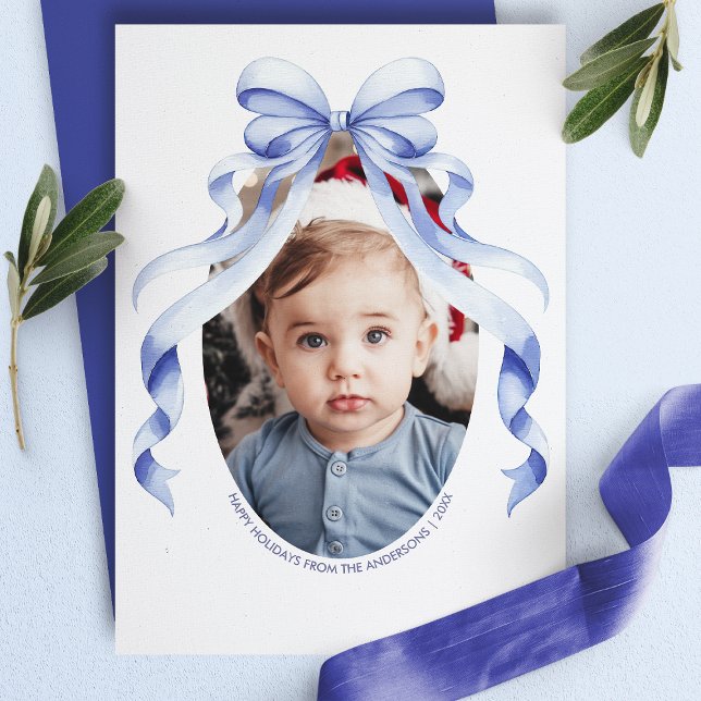 Cartes Pour Fêtes Annuelles Bleu Bow Oval Photo Noël (Créateur téléchargé)