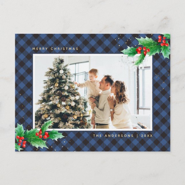 Cartes Pour Fêtes Annuelles Bleu Buffalo Aquarelle Plaid Photo Noël (Devant)