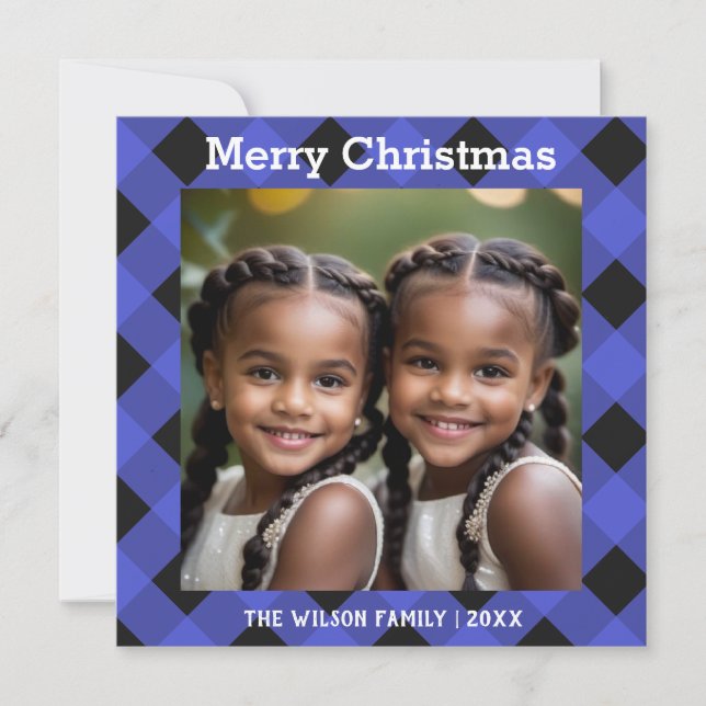 Cartes Pour Fêtes Annuelles Bleu Buffalo Plaid Check photo Christmas Flat (Devant)