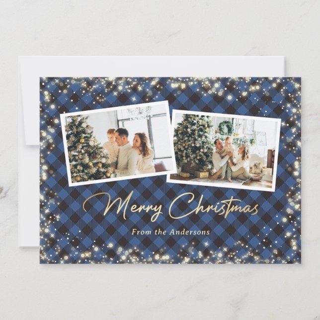Cartes Pour Fêtes Annuelles Bleu Buffalo Plaid Gold Photo Noël (Devant)