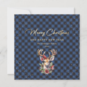 Cartes Pour Fêtes Annuelles Bleu Buffalo Plaid Gold Reinder neige Noël