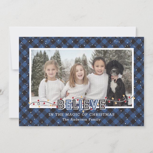 Cartes Pour Fêtes Annuelles Bleu Buffalo Plaid Neige Croire Photo (Devant)