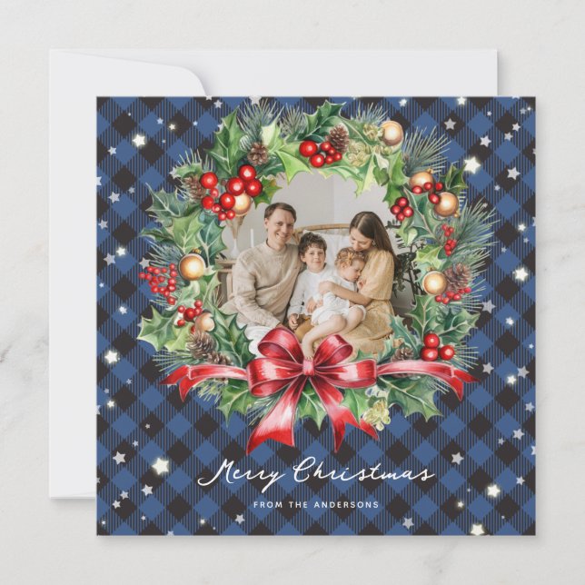 Cartes Pour Fêtes Annuelles Bleu Buffalo Plaid Wreath Stars Photo Noël (Devant)