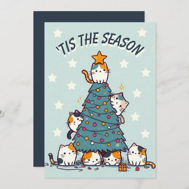 Cartes Pour Fêtes Annuelles Bleu 'C'est la saison chat calico arbre de Noël (Devant / Derrière)