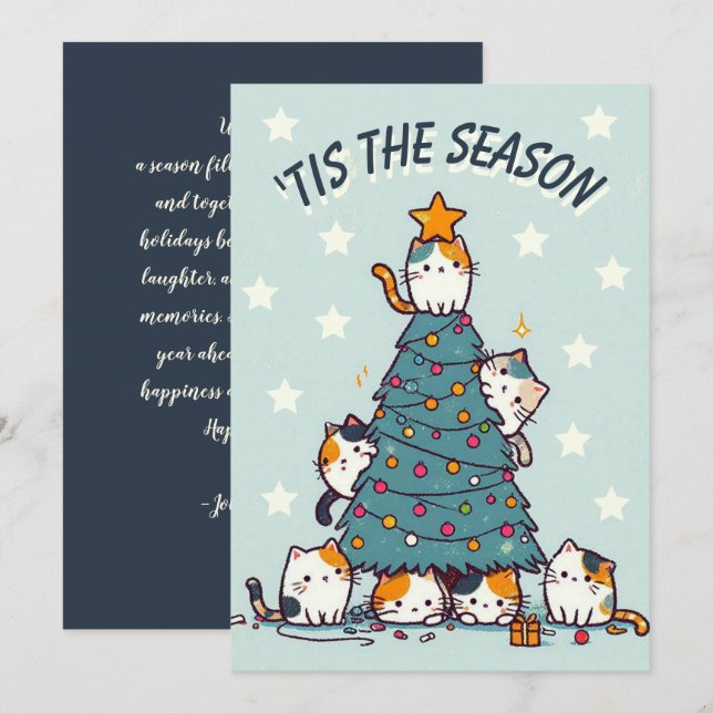 Cartes Pour Fêtes Annuelles Bleu C'est la saison chat calicot arbre de Noël (Devant / Derrière)