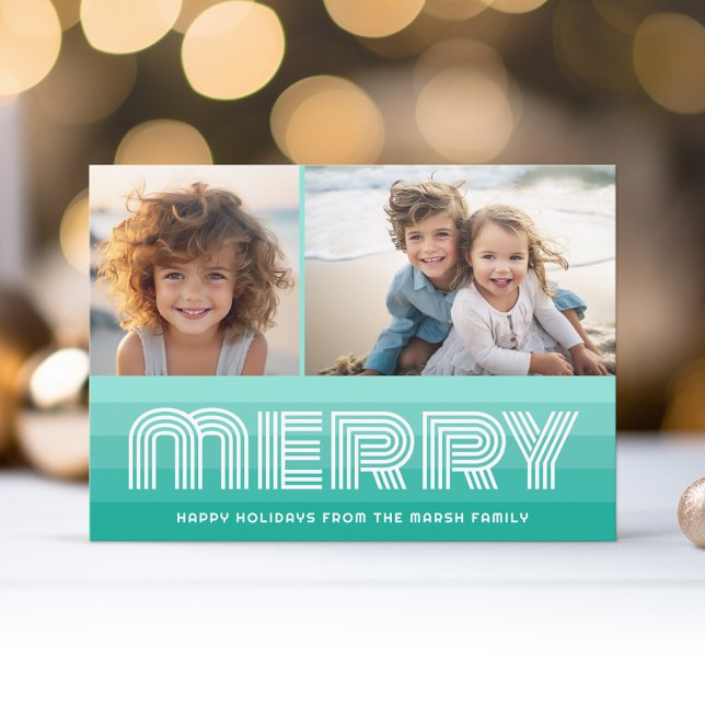 Cartes Pour Fêtes Annuelles Bleu d'Aquamarine - Joyeux 2 Photo (Retro Stripe Christmas Card with 2 Photos - Vibrant Aqua Teal - Print and Download Option)