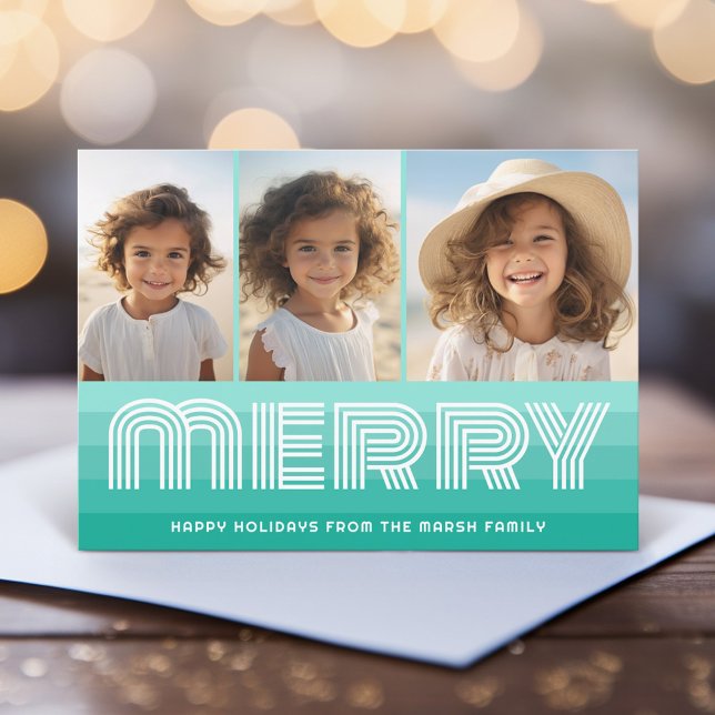 Cartes Pour Fêtes Annuelles Bleu d'Aquamarine - Joyeux 3 Photo (Retro Stripe Christmas Card with 3 Photos - Vibrant Aqua Teal - Print and Download Option)