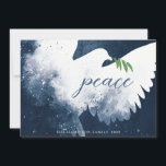 Cartes Pour Fêtes Annuelles Bleu de la Marine de la colombe<br><div class="desc">Ces cartes de voeux de vacances à 7" x 5" présentent une colombe abstraite dans les tons bleu marine. "peace" en bleu accompagné d'une branche d'olivier verte. Customisez avec votre nom de famille et votre année.</div>