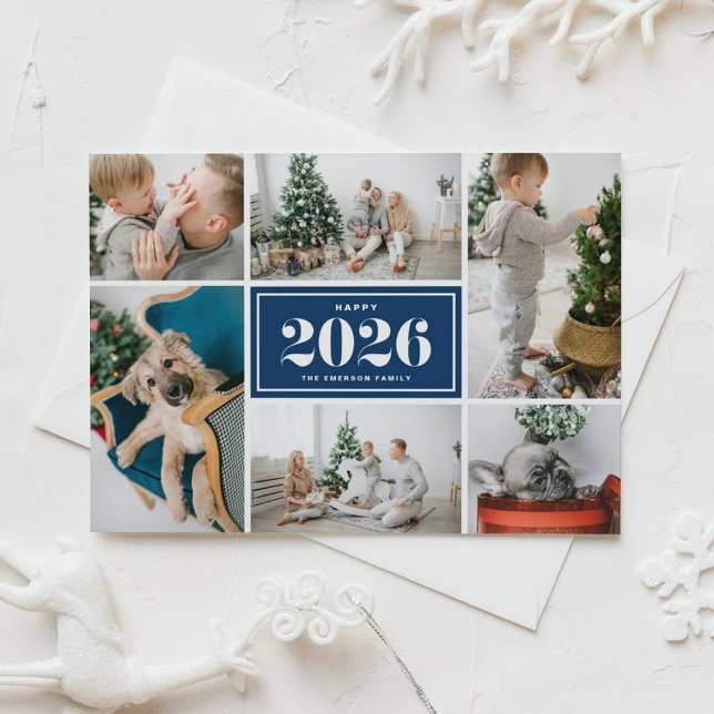 Cartes Pour Fêtes Annuelles Bleu de marine 2025 Joyeux nouvel an photo Collage (Send 2026 new year cheer with this customizable navy blue photo collage Happy New Year Photo Card. )