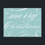 Cartes Pour Fêtes Annuelles Bleu Élégant Script fleuri Joyeux Noël<br><div class="desc">Joyeux Noël! Envoyez vos salutations de vacances à votre famille et à vos amis avec cette carte postale de Noël personnalisable. Il présente un script élégant aux accents florissants sur un arrière - plan bleu. Personnalisez en ajoutant vos détails. Cette carte postale de Noël élégante est disponible en d'autres couleurs...</div>