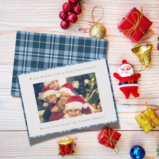 Cartes Pour Fêtes Annuelles Bleu En vichy Plaid Photo Famille Noël (Blue Gingham Plaid Single Photo Christmas Holiday Greeting Card)