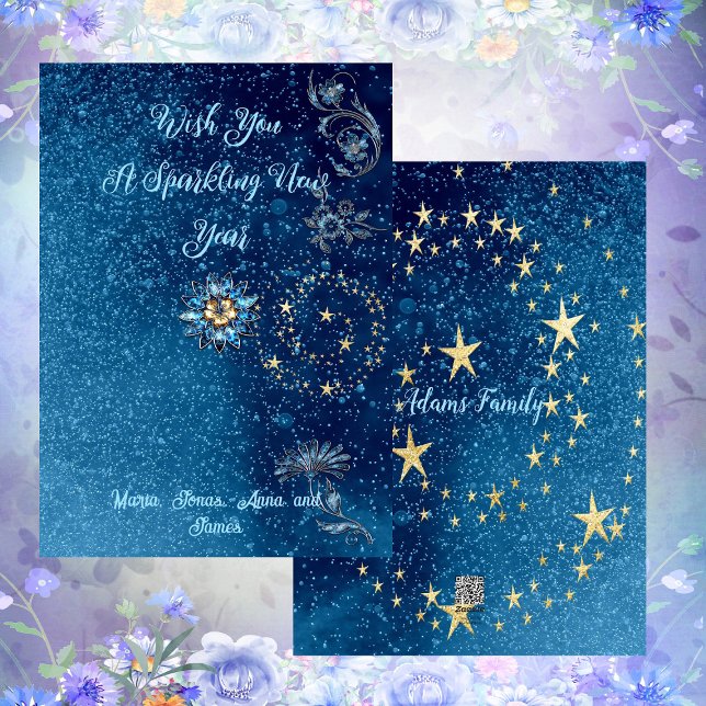 Cartes Pour Fêtes Annuelles Bleu étincelant Parties scintillant du Nouvel An É (Blue Sparkling New Year Glitter Cheer Stars Floral Holiday Card)