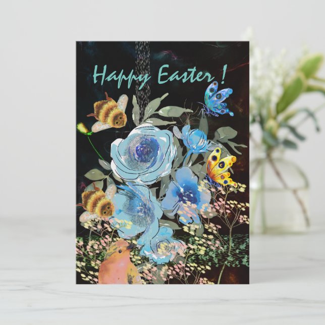 Cartes Pour Fêtes Annuelles Bleu Floral Pâques Noir avec Oiseaux (Debout devant)