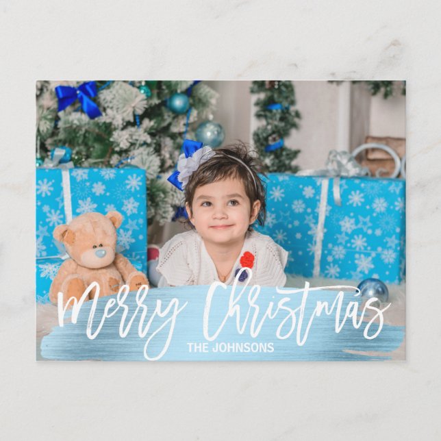 Cartes Pour Fêtes Annuelles Bleu Foil Noël Joyeux Fêtes Famille | PHOTO (Devant)