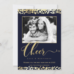 Cartes Pour Fêtes Annuelles Bleu foncé et or CHEER Confettis Photo Nouvel An