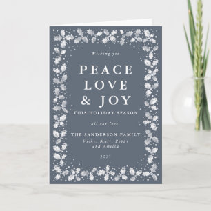 Cartes Pour Fêtes Annuelles Bleu foncé Grey Holly Feuilles Paix Amour & Joie