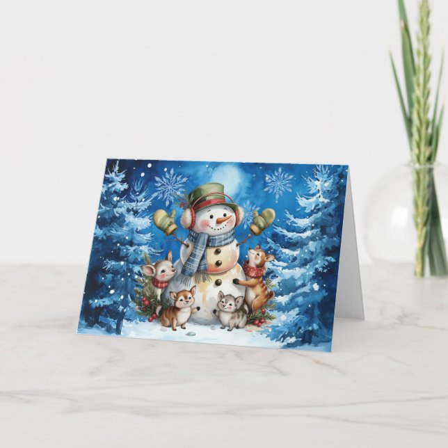 Cartes Pour Fêtes Annuelles Bleu hivernal classique Snowman & Woodland Animaux (Devant)