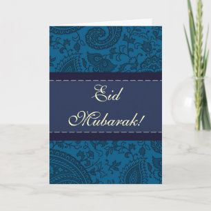 Cartes Pour Fêtes Annuelles Bleu indien damas Eid Mubarak