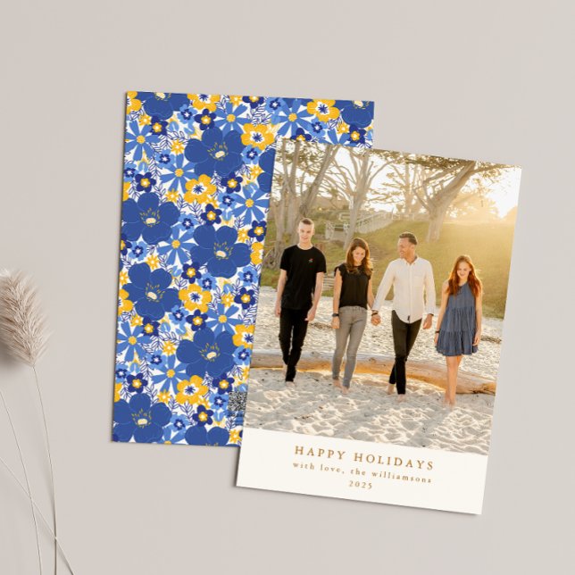 Cartes Pour Fêtes Annuelles Bleu Jaune Floral Hanoukka Fête Élégante Photo (Créateur téléchargé)