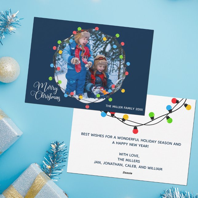 Cartes Pour Fêtes Annuelles Bleu Joyeux lumières de Noël Enfants Photo mignonn (Créateur téléchargé)