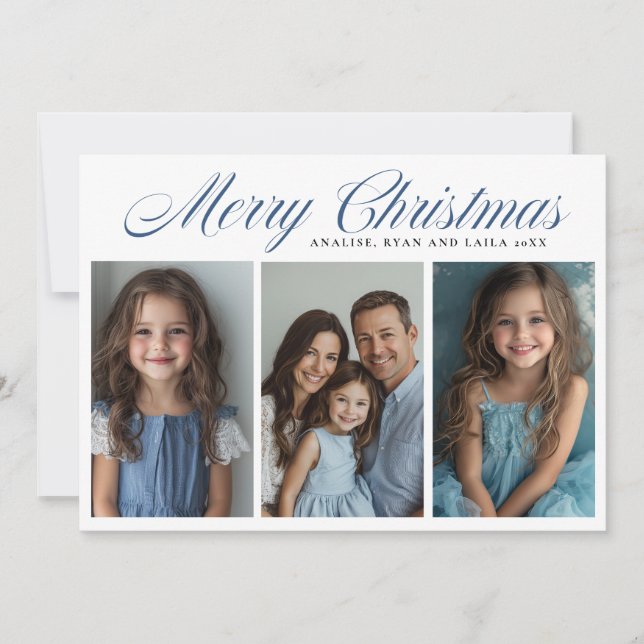 Cartes Pour Fêtes Annuelles Bleu Joyeux Noël Trois photos design (Devant)