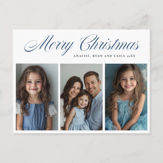 Cartes Pour Fêtes Annuelles Bleu Joyeux Noël Trois photos design (Devant)