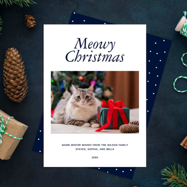 Cartes Pour Fêtes Annuelles Bleu "Meowy Christmas" Photo personnalisée (Créateur téléchargé)